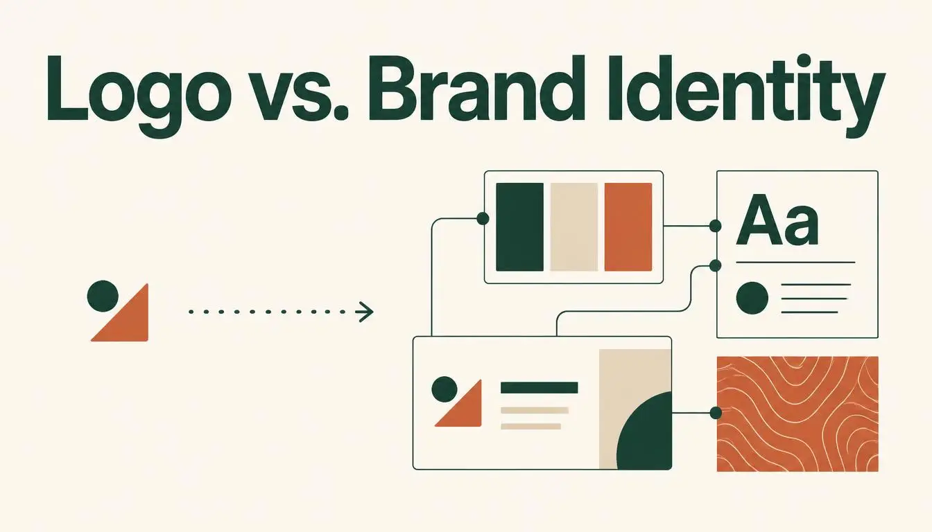 Illustration showing a single logo mark expanding into a full brand identity system of color, type and imagery