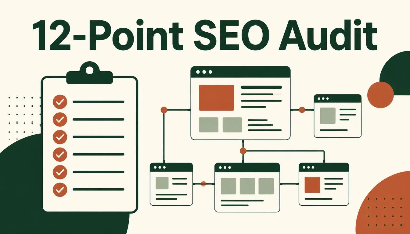 Illustration of a technical SEO audit checklist covering crawlability, indexation, schema and site speed